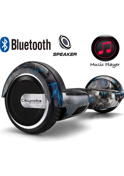CitymateElektrikli Kaykay Hoverboard Bluetooth Hoparlörlü 6.5 Inch Akıllı Dengeli - Siyah Kurukafa Grafiti Desenli