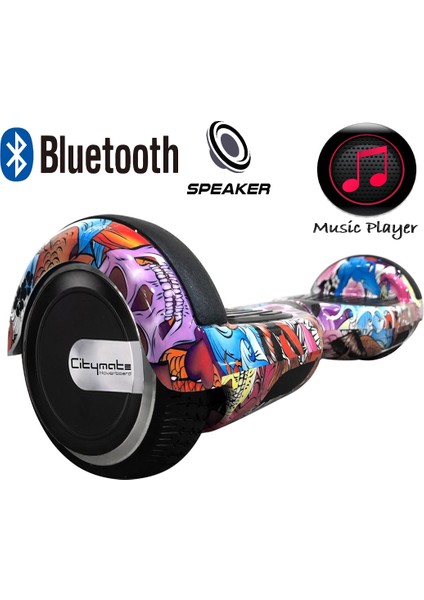 CitymateElektrikli Kaykay Hoverboard Bluetooth Hoparlörlü 6.5 Inch Akıllı Dengeli - Butterfly Grafiti Desenli